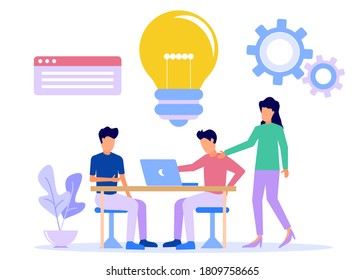 Ilustración vectorial del concepto de negocio de los socios, buscando nuevas ideas, trabajo en equipo en empresas, lluvia de ideas, construcción de negocios creativos, procesos de pensamiento, reunión en el trabajo.