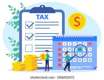 Vector illustration of a business concept. Paying taxes every year, obedient entrepreneurs pay taxes, records, property values. Business profit that reaches the target.