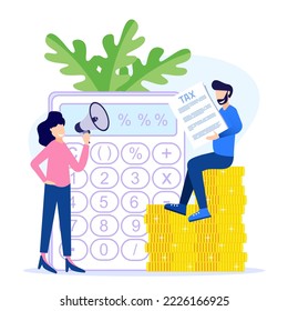 Vector illustration of a business concept. Paying taxes every year, obedient entrepreneurs pay taxes, records, property values. Business profit that reaches the target.