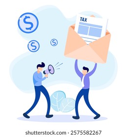 Vector illustration of a business concept. Paying taxes every year, obedient entrepreneurs pay taxes, records, property values. Business profit that reaches the target.
