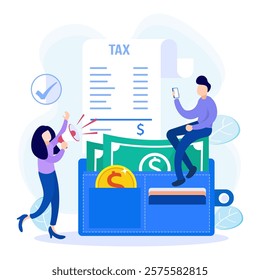 Vector illustration of a business concept. Paying taxes every year, obedient entrepreneurs pay taxes, records, property values. Business profit that reaches the target.