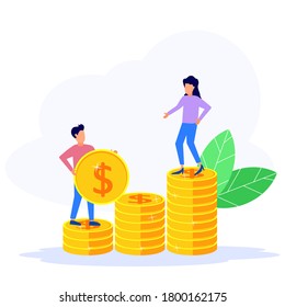 Vector illustration of a business concept, business people standing on a pile of coins working together as a team. Investment management, business growth to success, flat color icons.
