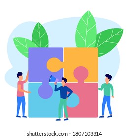 Vector illustration of a business concept. Business people are involved in teamwork connecting puzzle boxes. Vector illustration of flat design style, cooperation, partnership.