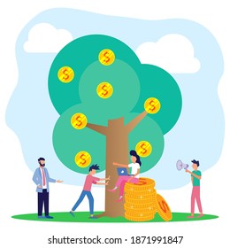 Vector illustration of a business concept, business people gathered under a tree bearing coins. rapid economic growth, team work, successful business.