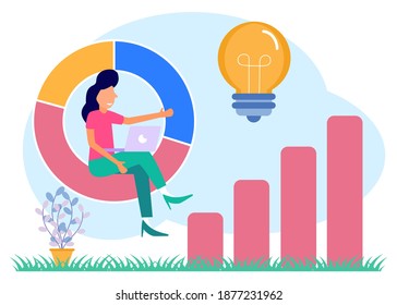 Vector illustration of a business concept, business people studying infographics, economic growth analysis, network promotion, looking for new solution ideas, teamwork in companies, company revenue.