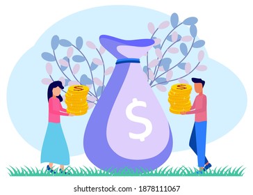 Vector Illustration Of A Business Concept, Business People Carrying Piles Of Coins In Big Pockets. Fast Economic Growth, Team Work, Successful Business.