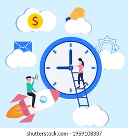 Vector illustration of business concept, business people with clock on white background, express service, time management concept, quick reaction.