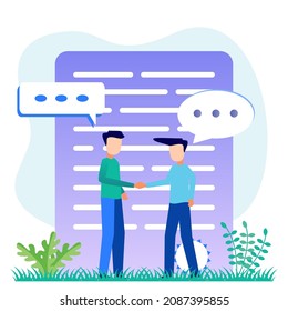 Vector illustration of a business concept. Business people working together to shake hands. Build a business together. fund creative projects. Signing a contract agreement.