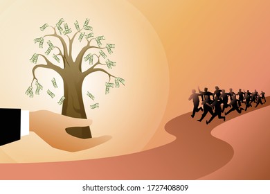 Vector illustration of business concept, peoples running to money tree 