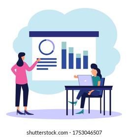 Vector illustration of business concept presentation in front of colleagues, office workers studying infographics on charts from columns, analyzing the scale of evolution.
