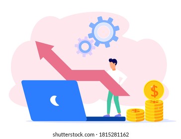 Vector Illustration Of A Business Concept. Profits Increase. Sales Growth Concept. Career To Success. Business People Build Businesses From Scratch.