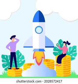 Vector Illustration Of A Business Concept. Profits Increase. Sales Growth Concept. Career To Success. Business People Build Businesses From Scratch.