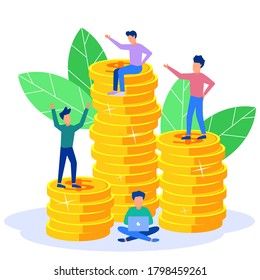 Vector illustration of business concept, business progress, growth, cash gain, career path to success, little people standing on every pile of coins.