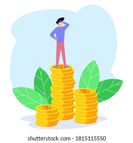 Vector illustration of business concept, business progress, growth, cash gain, career path to success, little people standing on every pile of coins.