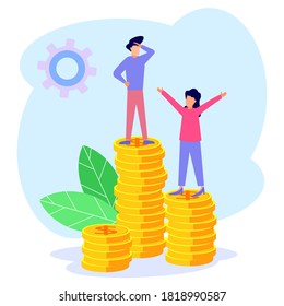 Vector illustration of business concept, business progress, growth, cash gain, career path to success, little people standing on every pile of coins.