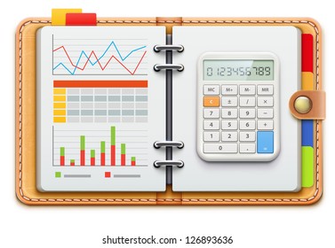 Vector illustration of business concept with realistic leather spiral notebook and electronic calculator