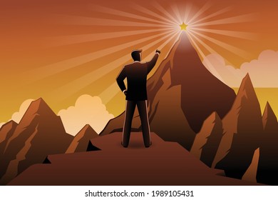 Vector illustration of business concept, rear businessman standing on cliff while pointing at stars in the peak of mountain