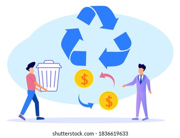 Ilustración vectorial del concepto de negocio, reciclado de residuos, utilización de bienes usados, crecimiento de carrera hacia el éxito, iconos de color plano, análisis de negocio, protección ambiental.