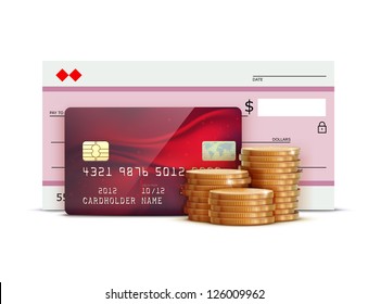 Vector illustration of business concept with red credit card, bank check and stacks of golden coins