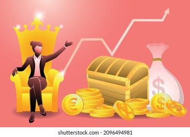 Vector illustration of business concept, rich business woman sitting on golden throne