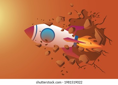 Vector illustration of business concept, rocket breaking the wall