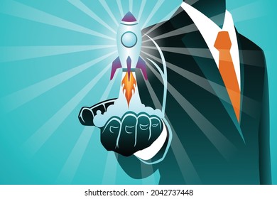 Vector illustration of business concept, rocket launch from businessman palm