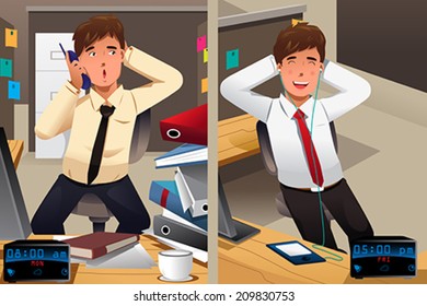 A vector illustration of business concept of a sad Monday and a happy Friday