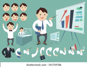 vector illustration business concept set  young man (businessman character) graphics on the white board, flat style