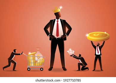 Vector illustration of business concept, several small businessman carrying various of wealth to given to giant businessman who wearing golden crown