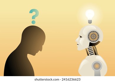 Vector illustration of business concept, sharing knowledge between human and robot 