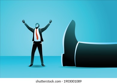 Vector illustration of business concept, a small businessman standing with his arms up near a giant leg lying near him