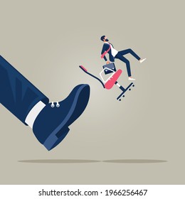 Vector illustration of business concept, small businessman kicked out by big foot