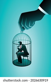 Vector illustration of business concept, small businessman sitting in a cage of birds