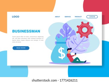 Vector illustration of a business concept. start a business, work and income. Young business people lean on money bags.