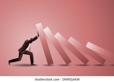 Vector Illustration Of Business Concept, Strength Businessman Help Stop Or Protect Collapsing With A Dominos Effect