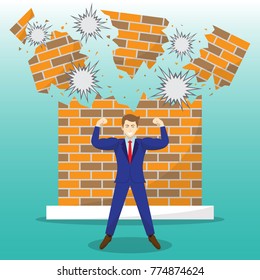 Vector Illustration Business Concept As A Strong Businessman Is Standing In Front Of Breaking Brick Wall. He Is Proud Of Self Performance And Best Effort To Overcome Obstacle, Barrier, Difficulty.