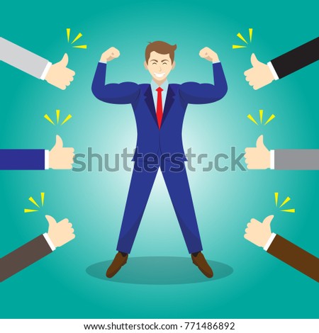 Vector Illustration Business Concept As A Strong Businessman Is Standing And Thumbs Up From Others. He Is Proud Of Himself And He Is Admired, Praised, Respected, Cheered And Full Of Social Esteem.