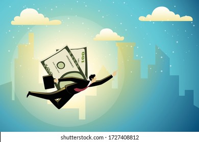 Vector illustration of business concept, successful businessman flies with his money wings 