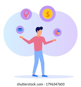 Vector illustration of business concept, successful entrepreneur with various icons. Reliable businessman, starting career with passion.