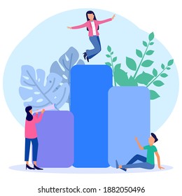 Vector illustration of business concept, successful business woman climbing the corporate ladder. Job hierarchy, career planning, career ladder, big profits and salaries.