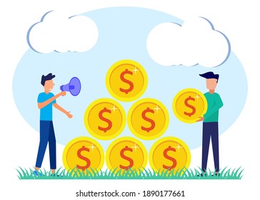 Vector illustration of a business concept, successful businessman standing beside a pile of coins. fast economic growth, employment, successful business.