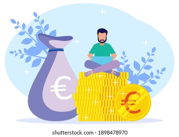 Vector Illustration Of A Business Concept, Successful Businessman Standing Beside A Pile Of Coins. Fast Economic Growth, Employment, Successful Business.