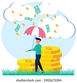 Vector illustration of a business concept, successful businessman standing with an umbrella showered with coins and dollars. fast economic growth, jobs, successful business.