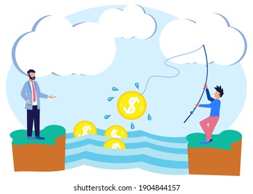 Vector Illustration Of Business Concept, Successful Businessman Fishing For Dollar Coins. Fast Economic Growth, Jobs, Successful Business.