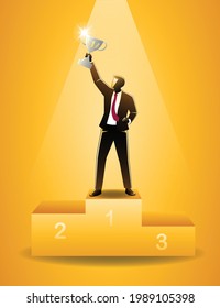 Vector illustration of business concept, successful businessman lift trophy on the podium