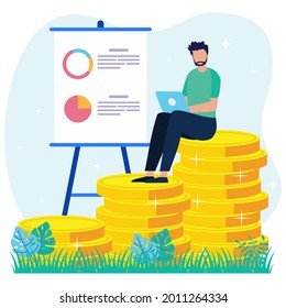 Vector illustration of a business concept, successful businessman standing with an umbrella showered with coins and dollars. fast economic growth, jobs, successful business.