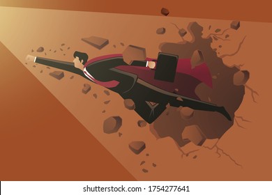 Vector illustration of business concept, super businessman flying through the wall