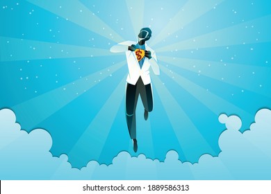 Ilustración vectorial del concepto de negocios, hombre de negocios súper héroe volando mientras tiraba de su camisa abierta en el fondo de las nubes