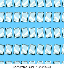 Vector illustration of business concept tablet seamless pattern pictogram on blue background. Thin outline, hand drawn vector. Doodle digital device for printing wrapping paper, packaging, fabric. 