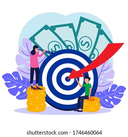 Vector illustration of business concept, target with graphic arrows, hit target, goal achievement. increased income.